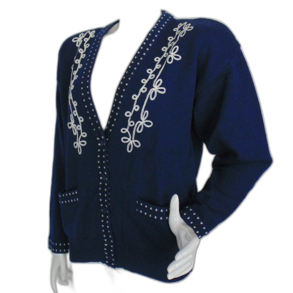 Vintage LEON LEVIN Sweater, M, Blue Wool Cardigan, Shoulder pads, Embroidered - Picture 3 of 11